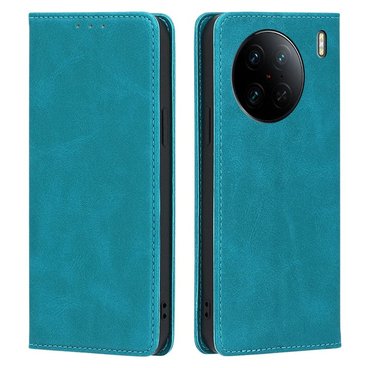 For vivo X90 Pro 5G Calf Texture PU Leather Magnetic Auto-absorbed Phone Case Full Protection Inner TPU Cover with Wallet Stand - Baby Blue