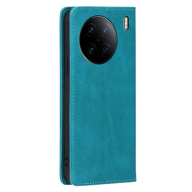 For vivo X90 Pro 5G Calf Texture PU Leather Magnetic Auto-absorbed Phone Case Full Protection Inner TPU Cover with Wallet Stand - Baby Blue