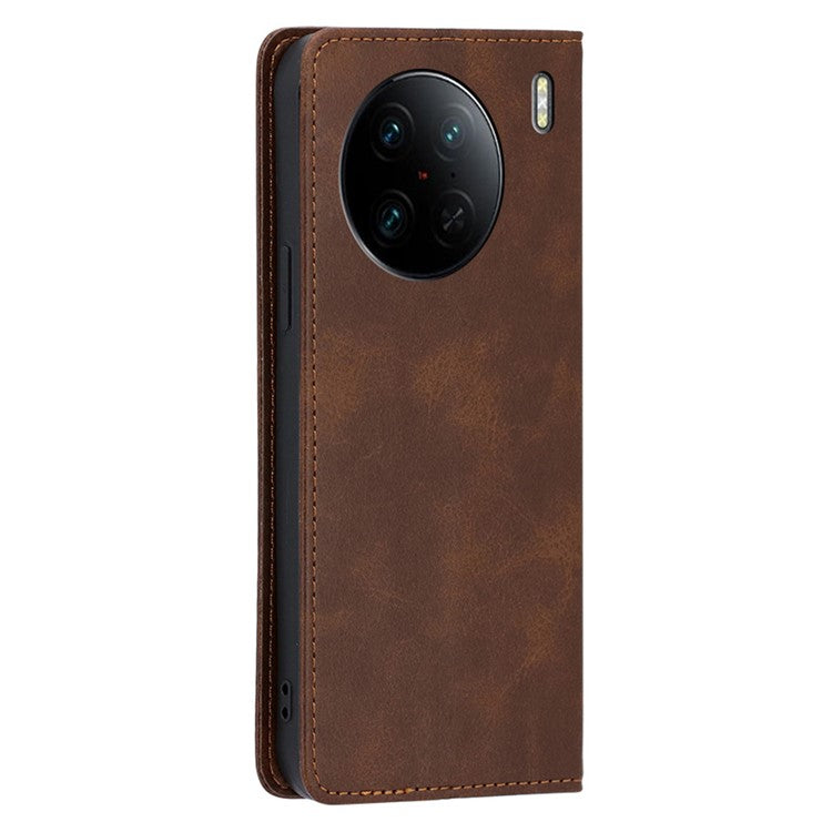 For vivo X90 Pro 5G Calf Texture PU Leather Magnetic Auto-absorbed Phone Case Full Protection Inner TPU Cover with Wallet Stand - Brown