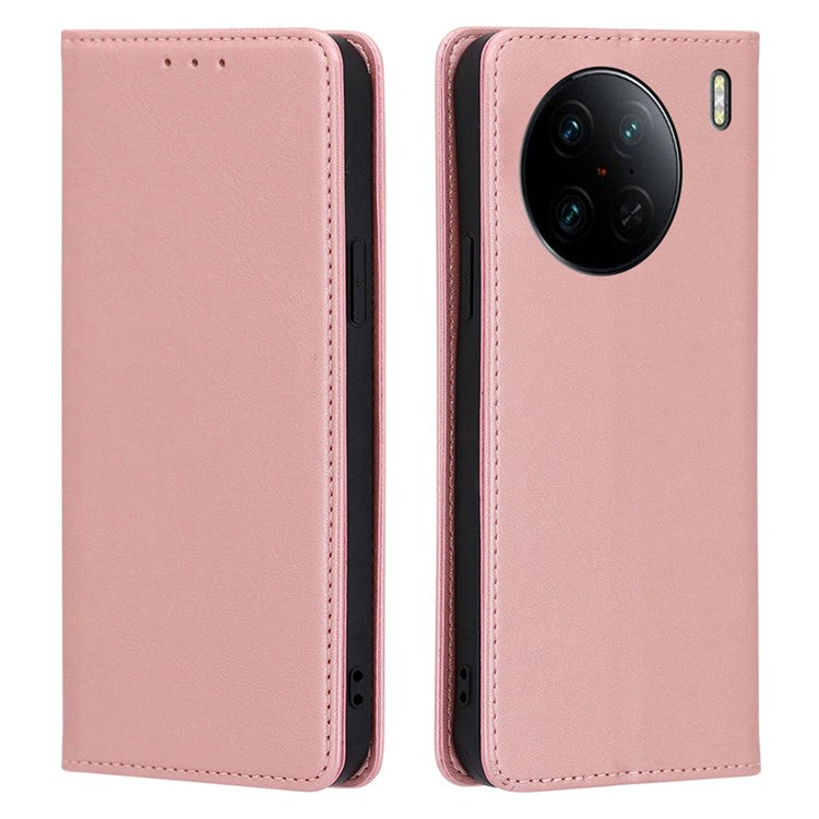 For vivo X90 Pro 5G Calf Texture PU Leather Magnetic Auto-absorbed Phone Case Full Protection Inner TPU Cover with Wallet Stand - Rose Gold