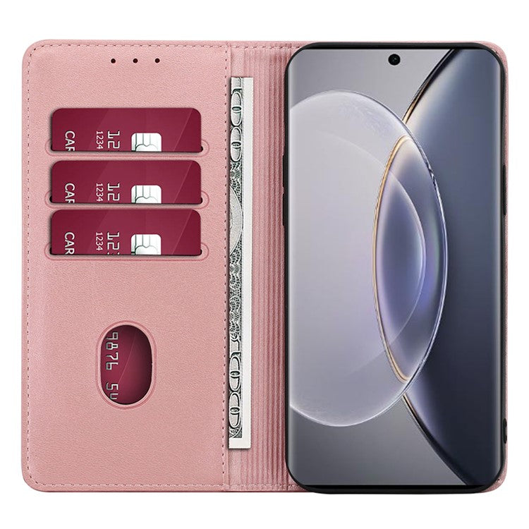 For vivo X90 Pro 5G Calf Texture PU Leather Magnetic Auto-absorbed Phone Case Full Protection Inner TPU Cover with Wallet Stand - Rose Gold