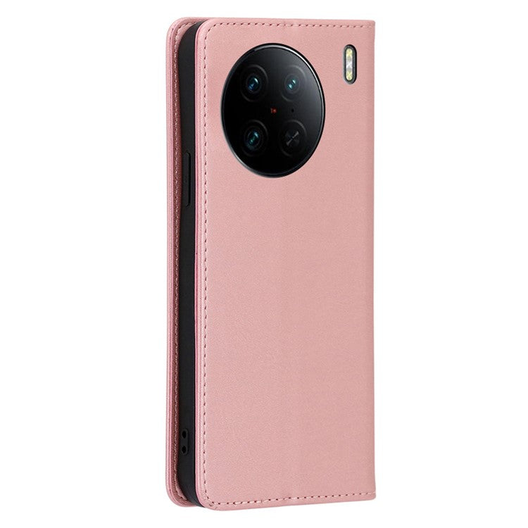 For vivo X90 Pro 5G Calf Texture PU Leather Magnetic Auto-absorbed Phone Case Full Protection Inner TPU Cover with Wallet Stand - Rose Gold