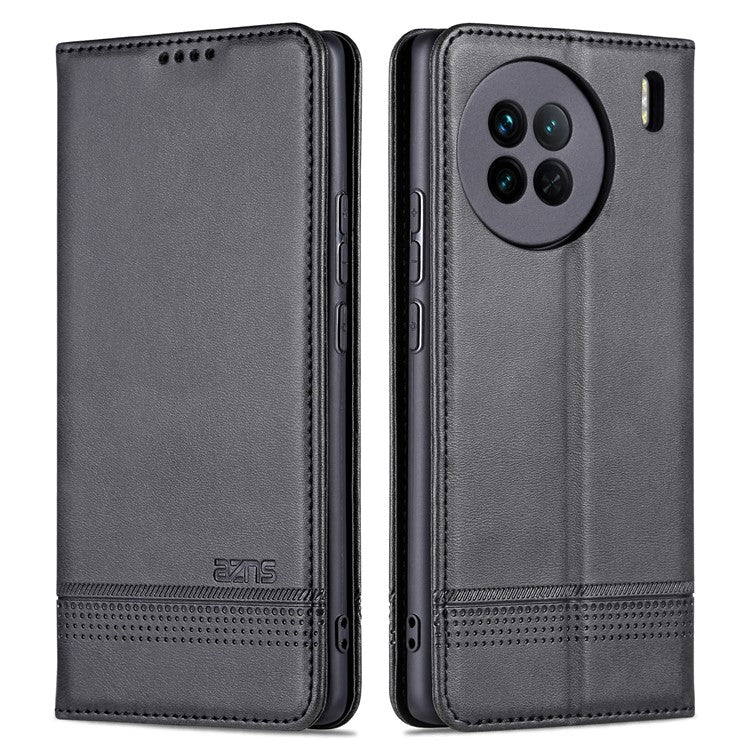 AZNS For vivo X90 5G Cowhide Texture PU Leather Wallet Full Protection Phone Case Stand Magnetic Auto Closure Flip Phone Cover - Black