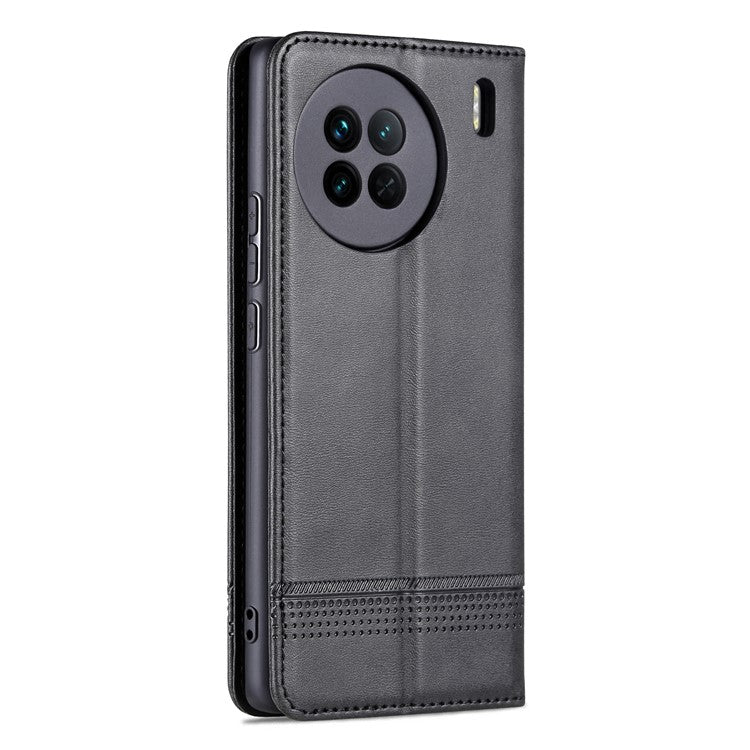 AZNS For vivo X90 5G Cowhide Texture PU Leather Wallet Full Protection Phone Case Stand Magnetic Auto Closure Flip Phone Cover - Black