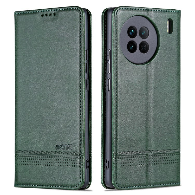 AZNS For vivo X90 5G Cowhide Texture PU Leather Wallet Full Protection Phone Case Stand Magnetic Auto Closure Flip Phone Cover - Green