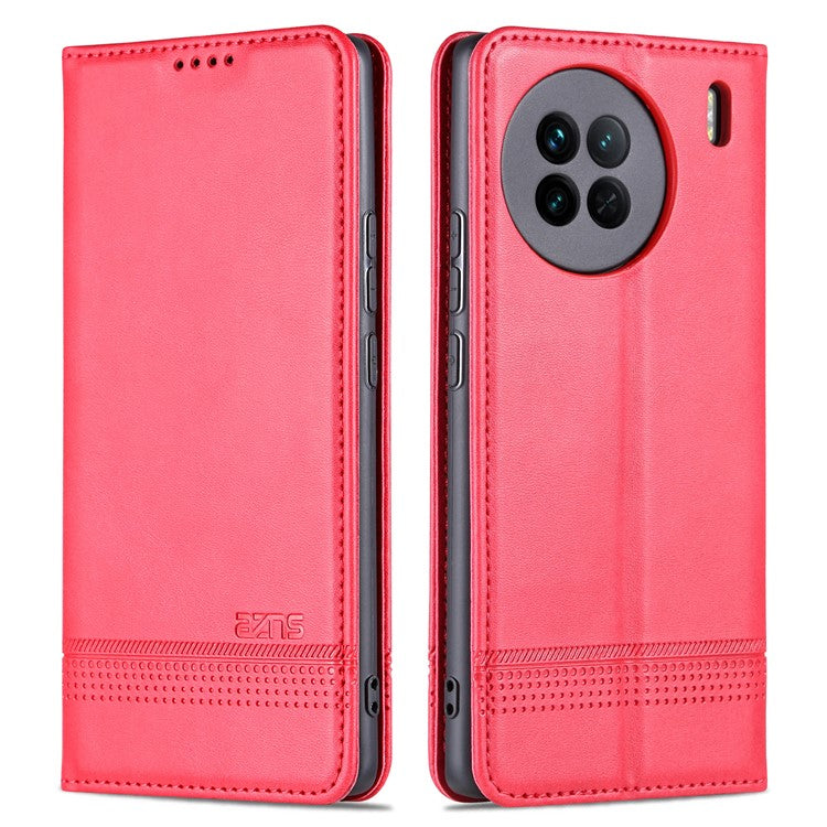 AZNS For vivo X90 5G Cowhide Texture PU Leather Wallet Full Protection Phone Case Stand Magnetic Auto Closure Flip Phone Cover - Red