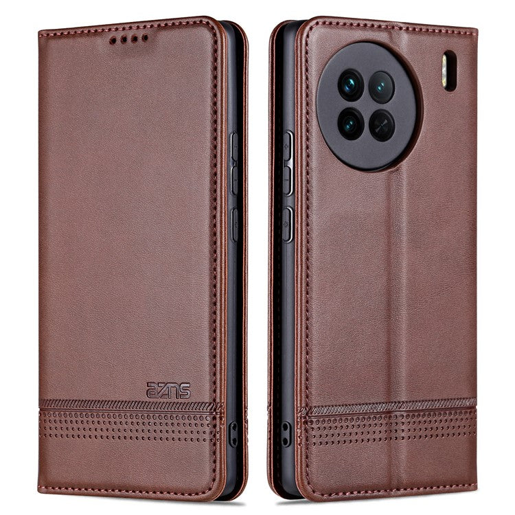 AZNS For vivo X90 5G Cowhide Texture PU Leather Wallet Full Protection Phone Case Stand Magnetic Auto Closure Flip Phone Cover - Coffee