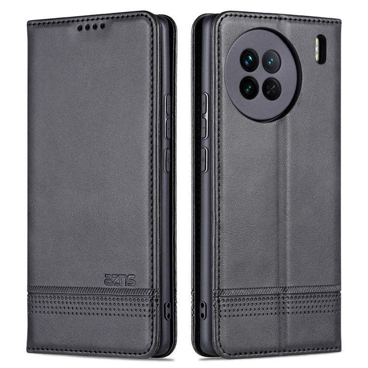 AZNS For vivo X90 Pro 5G Cowhide Texture Phone Case Stand Wallet PU Leather Magnetic Auto-absorbed Scratch-resistant Folio Flip Phone Cover - Black