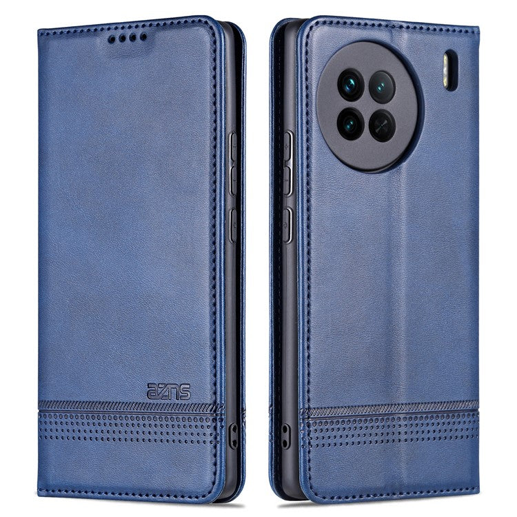 AZNS For vivo X90 Pro 5G Cowhide Texture Phone Case Stand Wallet PU Leather Magnetic Auto-absorbed Scratch-resistant Folio Flip Phone Cover - Blue