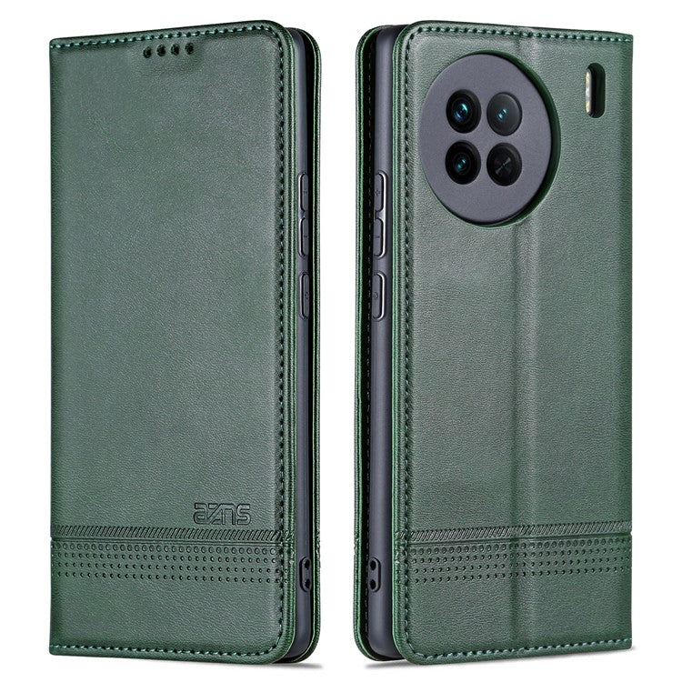 AZNS For vivo X90 Pro 5G Cowhide Texture Phone Case Stand Wallet PU Leather Magnetic Auto-absorbed Scratch-resistant Folio Flip Phone Cover - Green