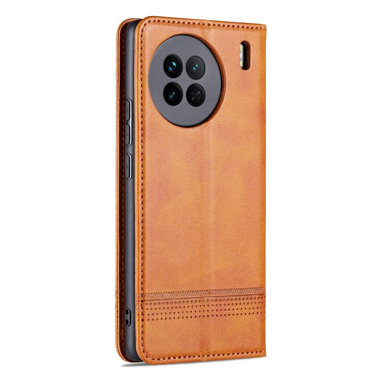 AZNS For vivo X90 Pro 5G Cowhide Texture Phone Case Stand Wallet PU Leather Magnetic Auto-absorbed Scratch-resistant Folio Flip Phone Cover - Brown