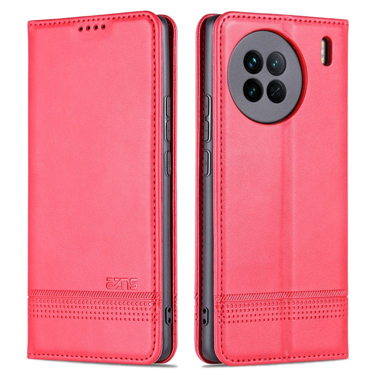 AZNS For vivo X90 Pro 5G Cowhide Texture Phone Case Stand Wallet PU Leather Magnetic Auto-absorbed Scratch-resistant Folio Flip Phone Cover - Red