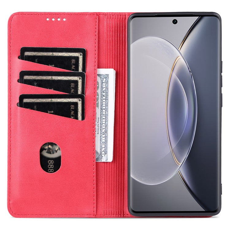 AZNS For vivo X90 Pro 5G Cowhide Texture Phone Case Stand Wallet PU Leather Magnetic Auto-absorbed Scratch-resistant Folio Flip Phone Cover - Red