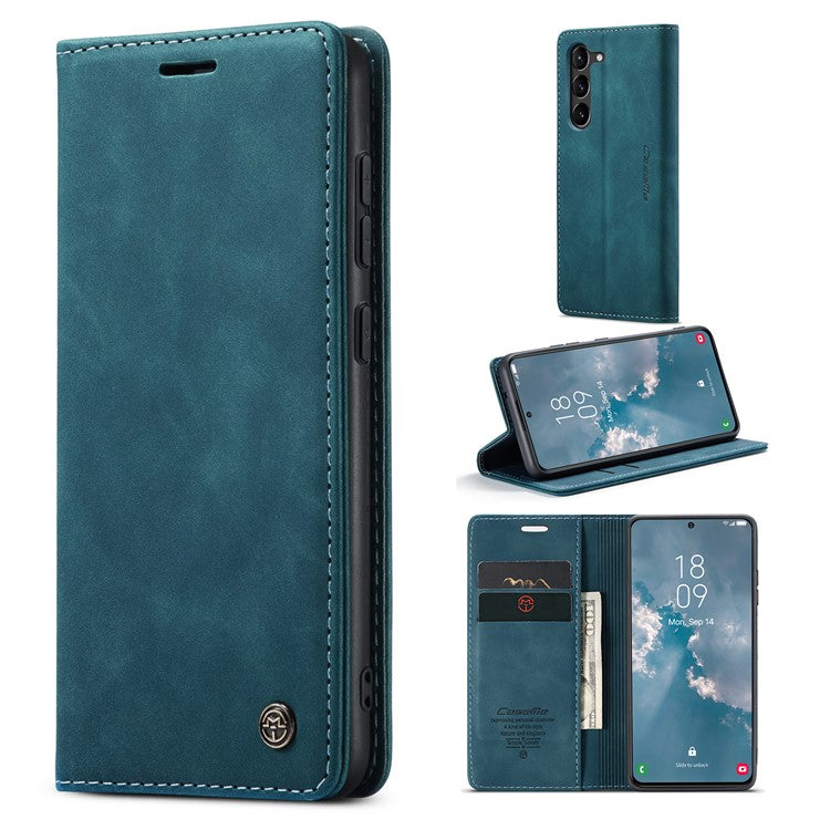 CASEME 013 Series For Samsung Galaxy S23 Stand Function PU Leather Wallet Case Magnetic Auto-absorbed Phone Case - Blue