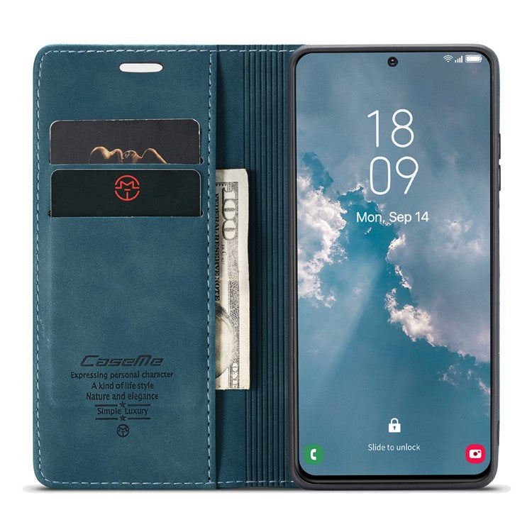 CASEME 013 Series For Samsung Galaxy S23 Stand Function PU Leather Wallet Case Magnetic Auto-absorbed Phone Case - Blue