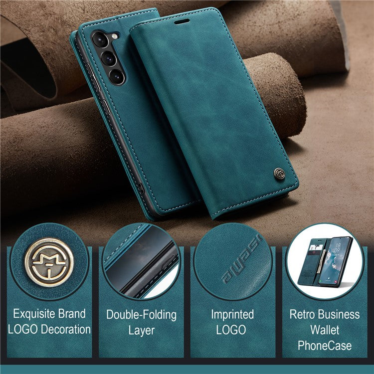 CASEME 013 Series For Samsung Galaxy S23 Stand Function PU Leather Wallet Case Magnetic Auto-absorbed Phone Case - Blue