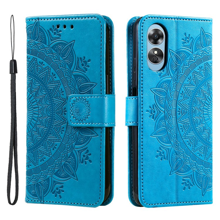 Mobile Phone Case for Oppo A58 5G, Imprinted Mandala Flower Pattern Wallet Stand Phone Cover with Strap - Blue