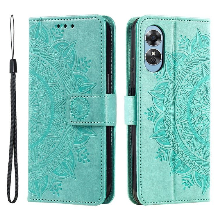 Mobile Phone Case for Oppo A58 5G, Imprinted Mandala Flower Pattern Wallet Stand Phone Cover with Strap - Green