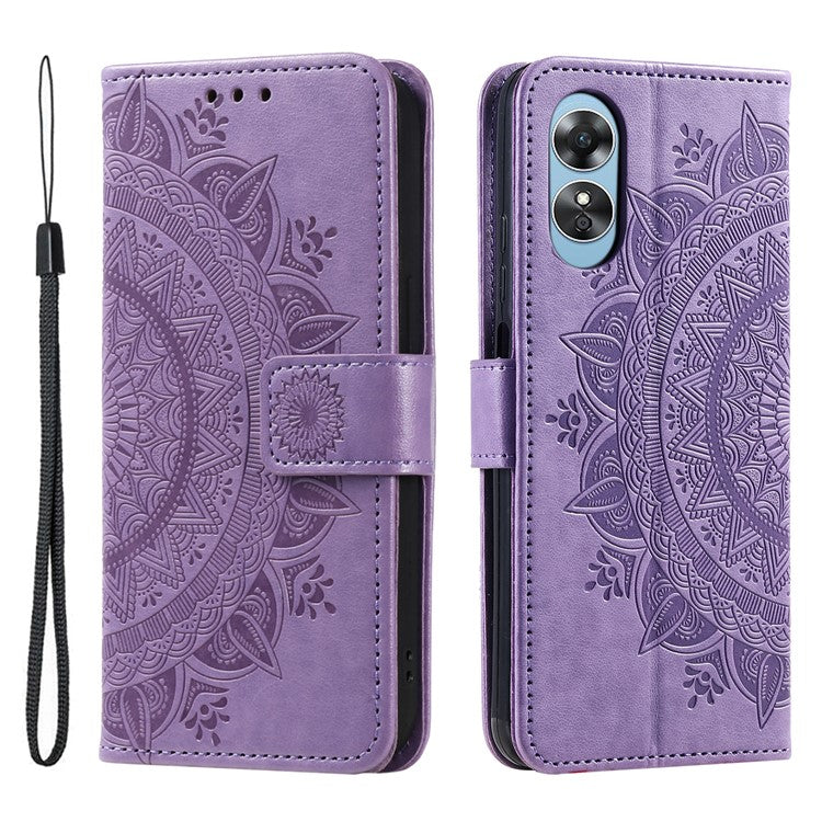 Mobile Phone Case for Oppo A58 5G, Imprinted Mandala Flower Pattern Wallet Stand Phone Cover with Strap - Purple