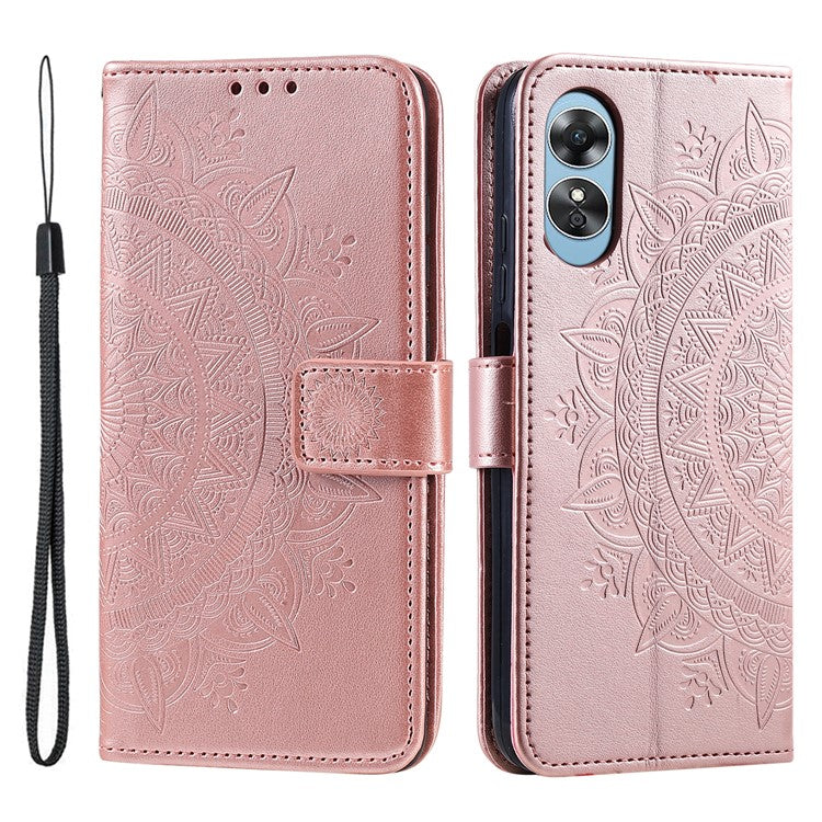 Mobile Phone Case for Oppo A58 5G, Imprinted Mandala Flower Pattern Wallet Stand Phone Cover with Strap - Rose Gold