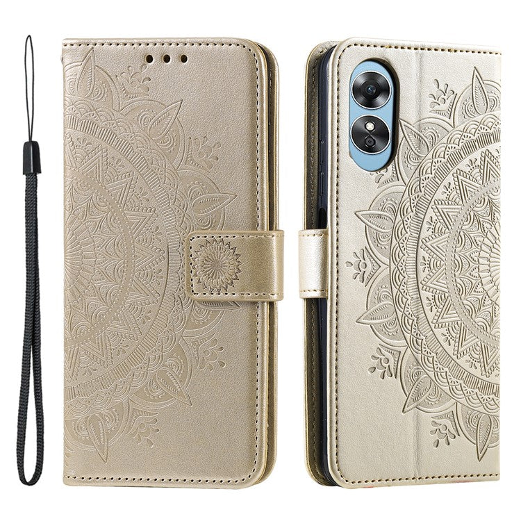 Mobile Phone Case for Oppo A58 5G, Imprinted Mandala Flower Pattern Wallet Stand Phone Cover with Strap - Gold