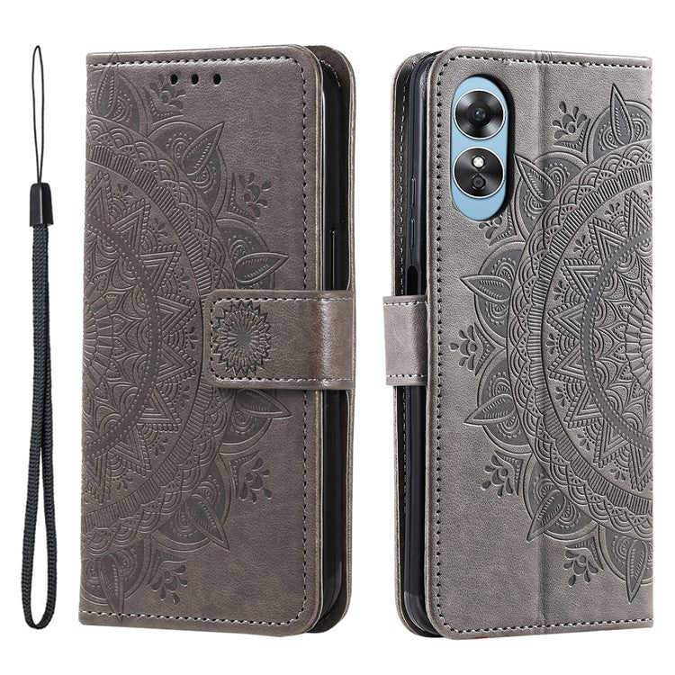 Mobile Phone Case for Oppo A58 5G, Imprinted Mandala Flower Pattern Wallet Stand Phone Cover with Strap - Grey