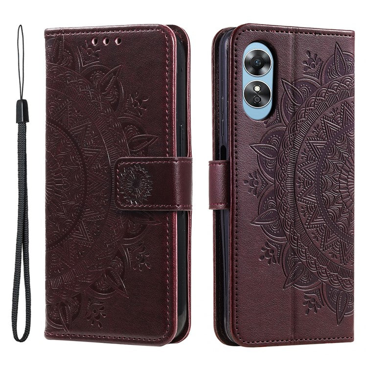 Mobile Phone Case for Oppo A58 5G, Imprinted Mandala Flower Pattern Wallet Stand Phone Cover with Strap - Brown