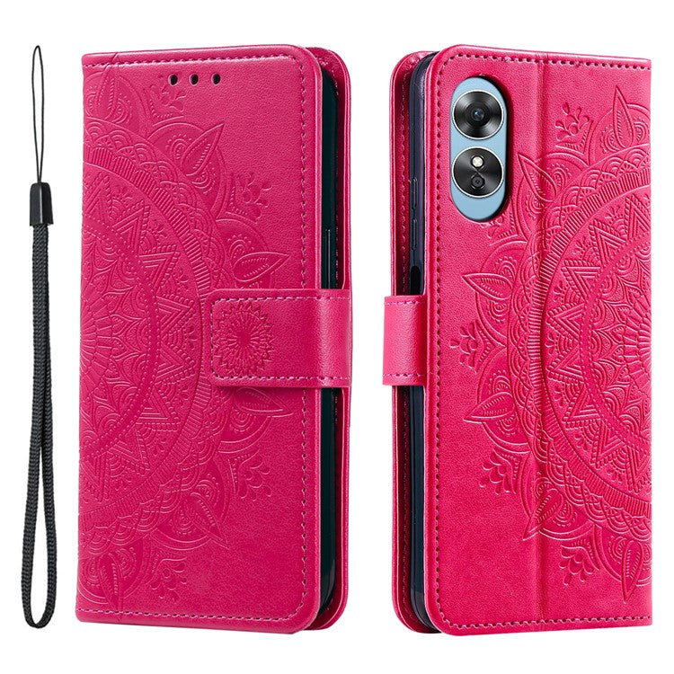 Mobile Phone Case for Oppo A58 5G, Imprinted Mandala Flower Pattern Wallet Stand Phone Cover with Strap - Rose