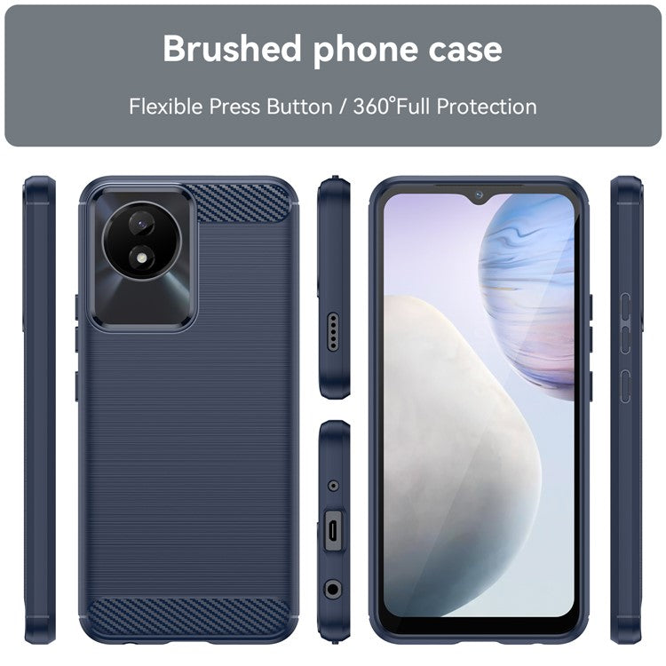 For vivo Y02 4G Shockproof Brushed Mobile Phone Case Carbon Fiber Texture TPU Protective Phone Cover - Blue