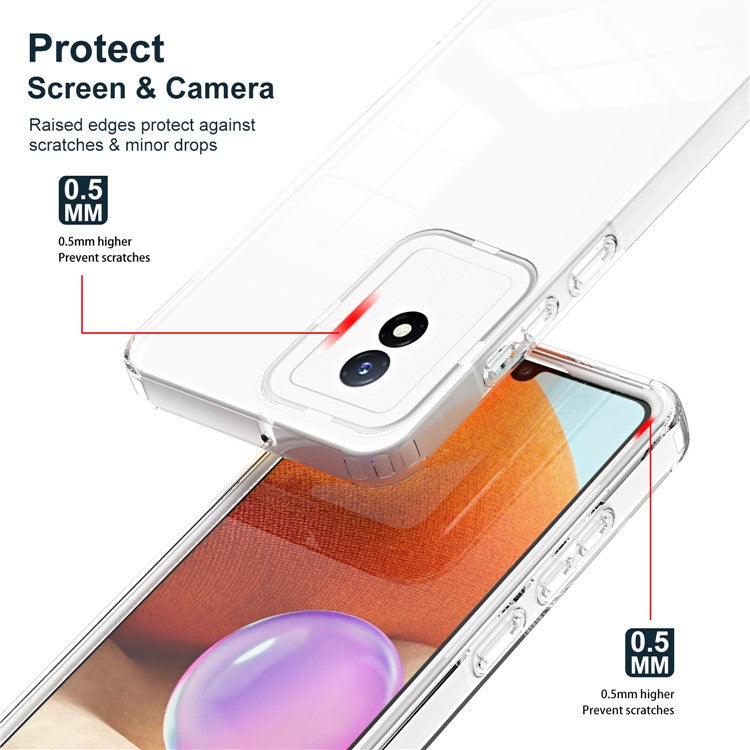 For vivo Y02 4G 3-in-1 Transparent Phone Cover Bump Proof TPU Backplate + PC Frame + PC Camera Ring Phone Hybrid Case - White