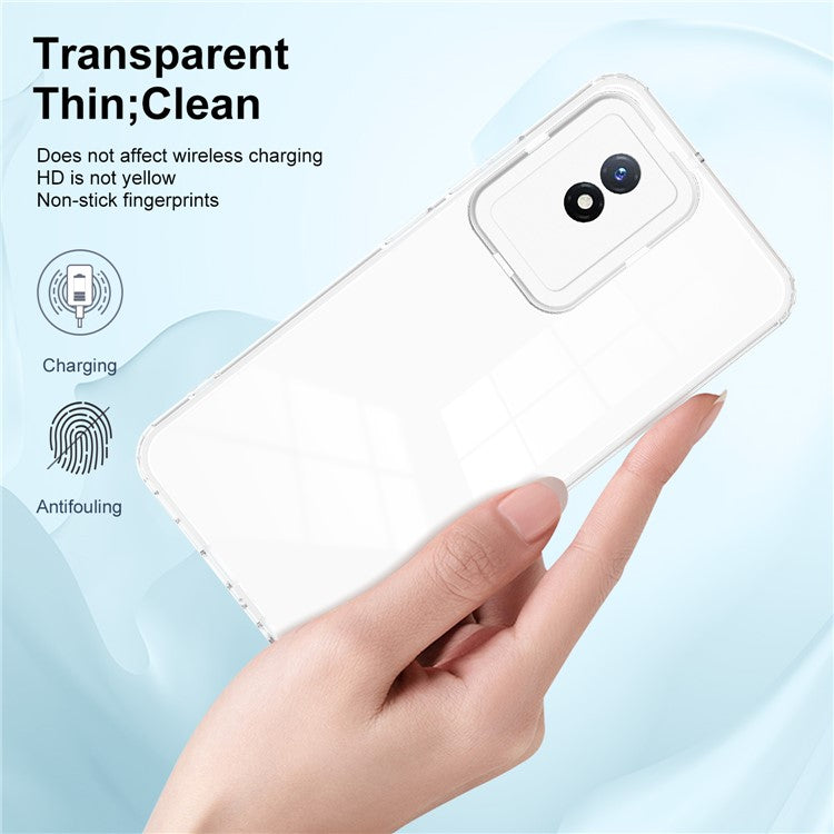 For vivo Y02 4G 3-in-1 Transparent Phone Cover Bump Proof TPU Backplate + PC Frame + PC Camera Ring Phone Hybrid Case - White