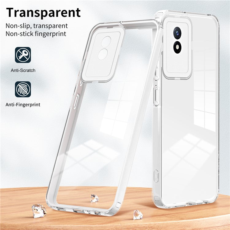 For vivo Y02 4G 3-in-1 Transparent Phone Cover Bump Proof TPU Backplate + PC Frame + PC Camera Ring Phone Hybrid Case - White