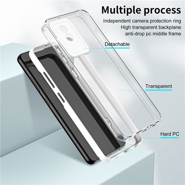 For vivo Y02 4G 3-in-1 Transparent Phone Cover Bump Proof TPU Backplate + PC Frame + PC Camera Ring Phone Hybrid Case - White