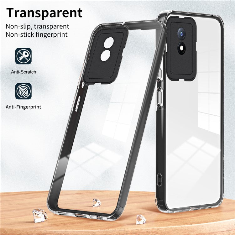 For vivo Y02 4G 3-in-1 Transparent Phone Cover Bump Proof TPU Backplate + PC Frame + PC Camera Ring Phone Hybrid Case - Black