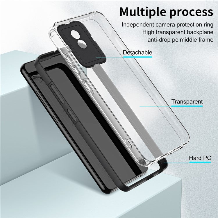 For vivo Y02 4G 3-in-1 Transparent Phone Cover Bump Proof TPU Backplate + PC Frame + PC Camera Ring Phone Hybrid Case - Black