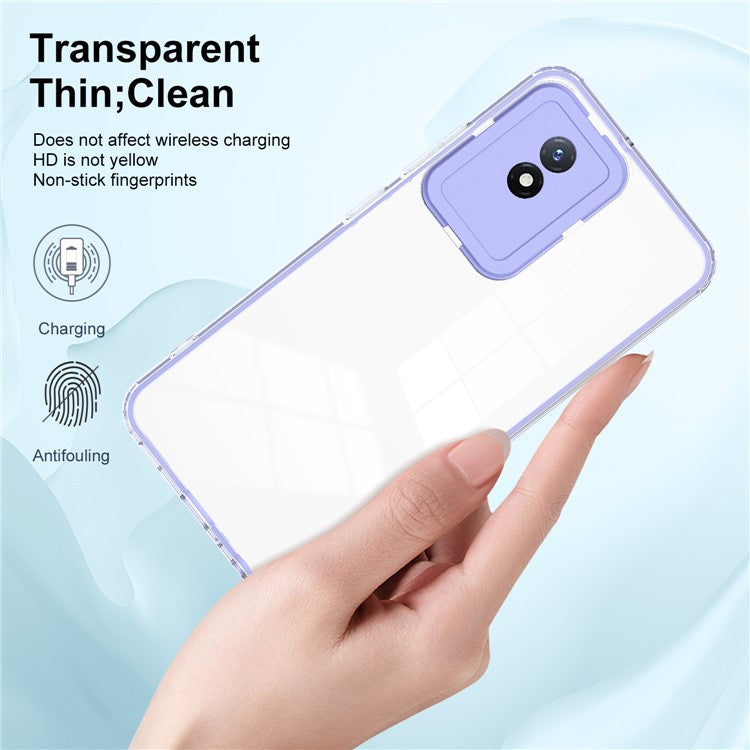 For vivo Y02 4G 3-in-1 Transparent Phone Cover Bump Proof TPU Backplate + PC Frame + PC Camera Ring Phone Hybrid Case - Purple