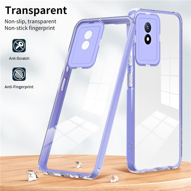 For vivo Y02 4G 3-in-1 Transparent Phone Cover Bump Proof TPU Backplate + PC Frame + PC Camera Ring Phone Hybrid Case - Purple