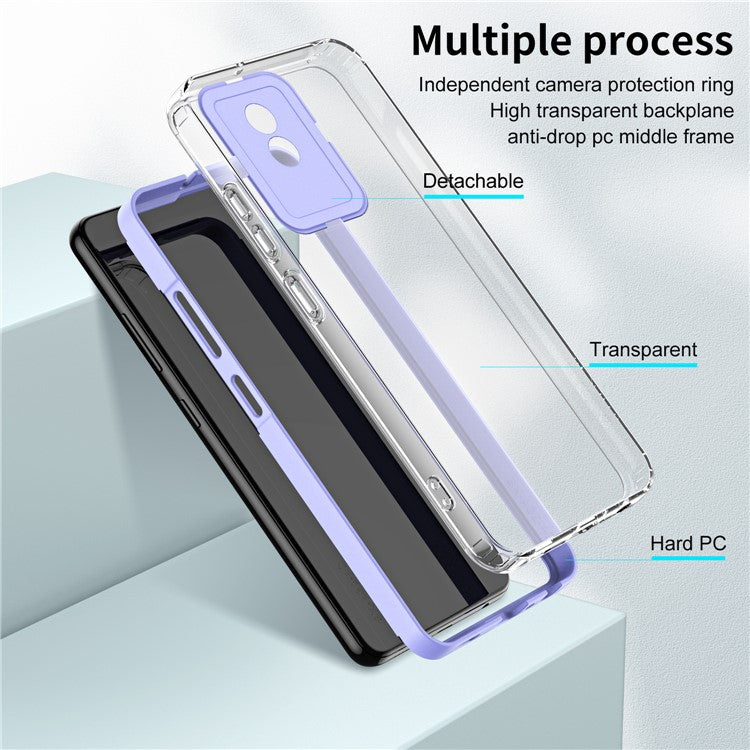 For vivo Y02 4G 3-in-1 Transparent Phone Cover Bump Proof TPU Backplate + PC Frame + PC Camera Ring Phone Hybrid Case - Purple