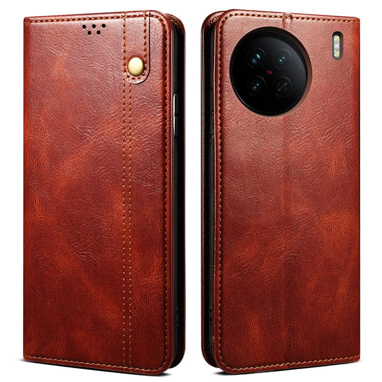 For vivo X90 5G Anti-scratch Phone Wallet Case Stand Waxy Crazy Horse Texture PU Leather Folio Flip Phone Cover - Brown