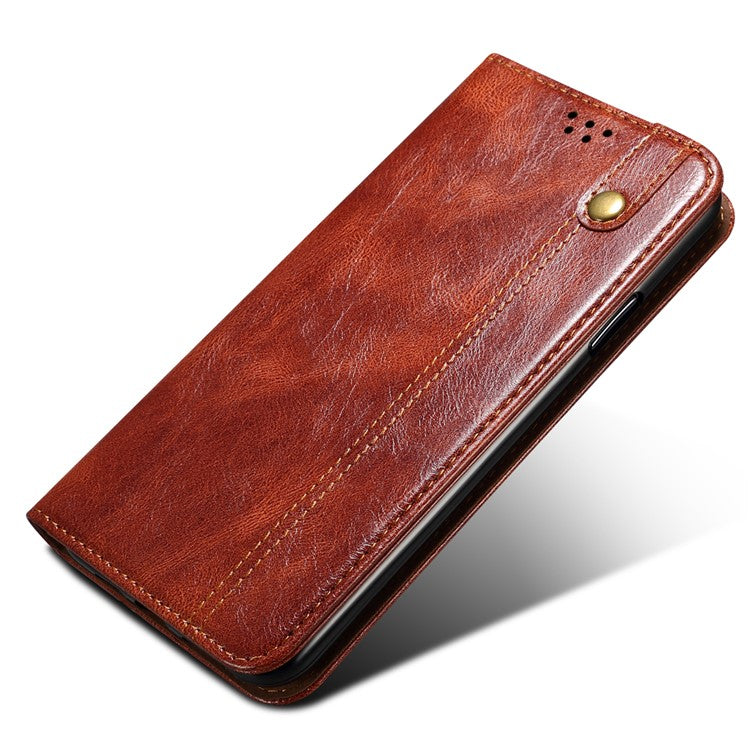 For vivo X90 5G Anti-scratch Phone Wallet Case Stand Waxy Crazy Horse Texture PU Leather Folio Flip Phone Cover - Brown