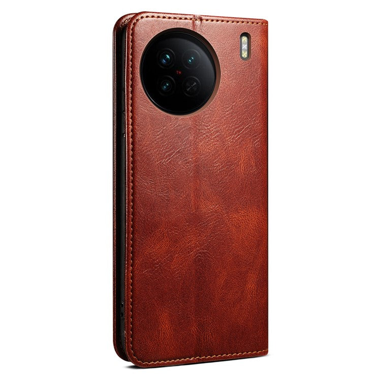 For vivo X90 5G Anti-scratch Phone Wallet Case Stand Waxy Crazy Horse Texture PU Leather Folio Flip Phone Cover - Brown