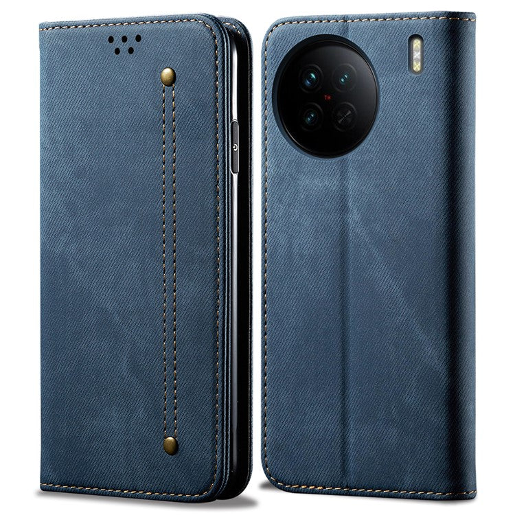 For vivo X90 5G Jeans Cloth Texture Magnetic Auto Closing Phone Case PU Leather Wallet Stand Drop-proof Phone Cover - Blue