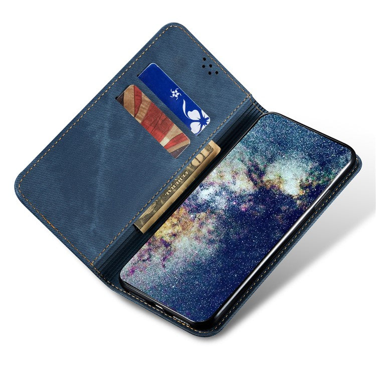 For vivo X90 5G Jeans Cloth Texture Magnetic Auto Closing Phone Case PU Leather Wallet Stand Drop-proof Phone Cover - Blue