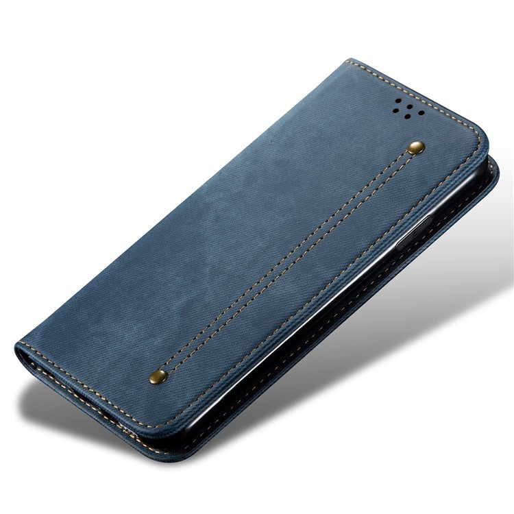 For vivo X90 5G Jeans Cloth Texture Magnetic Auto Closing Phone Case PU Leather Wallet Stand Drop-proof Phone Cover - Blue