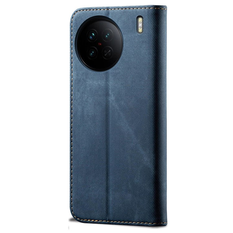 For vivo X90 5G Jeans Cloth Texture Magnetic Auto Closing Phone Case PU Leather Wallet Stand Drop-proof Phone Cover - Blue