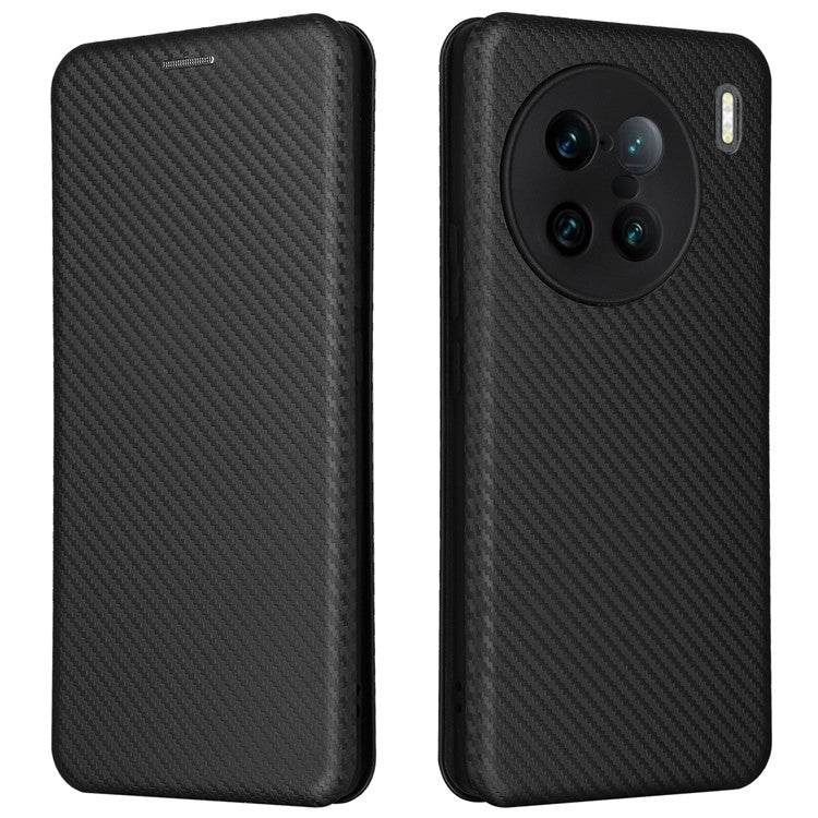 For vivo X90 Pro+ 5G Carbon Fiber Texture PU Leather Phone Stand Case Card Holder Magnetic Auto Closing Protective Cover - Black