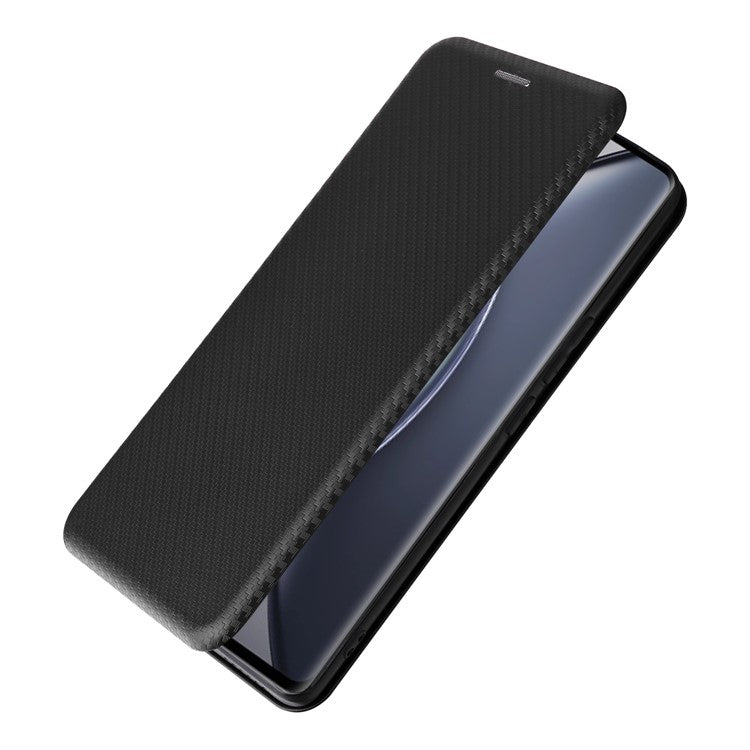 For vivo X90 Pro+ 5G Carbon Fiber Texture PU Leather Phone Stand Case Card Holder Magnetic Auto Closing Protective Cover - Black