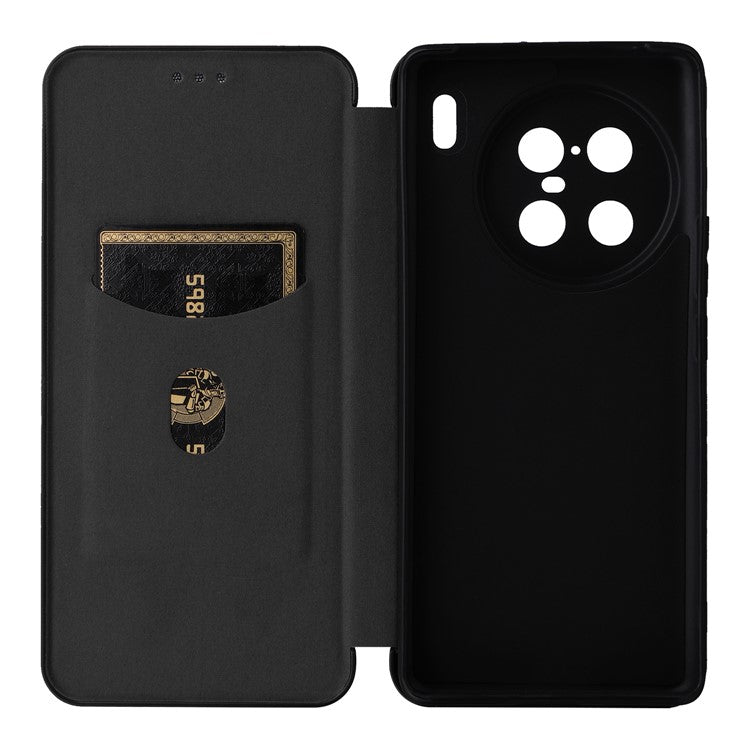 For vivo X90 Pro+ 5G Carbon Fiber Texture PU Leather Phone Stand Case Card Holder Magnetic Auto Closing Protective Cover - Black