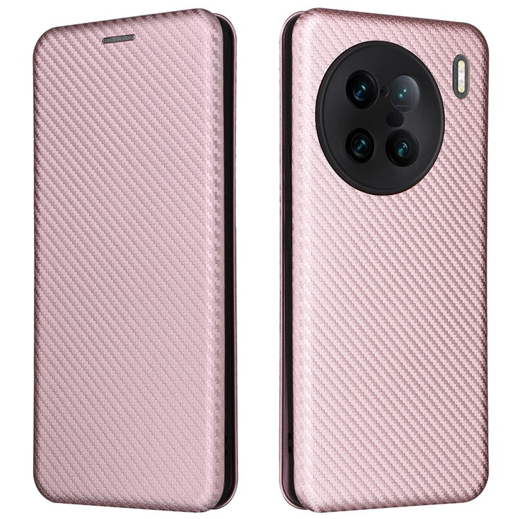 For vivo X90 Pro+ 5G Carbon Fiber Texture PU Leather Phone Stand Case Card Holder Magnetic Auto Closing Protective Cover - Rose Gold