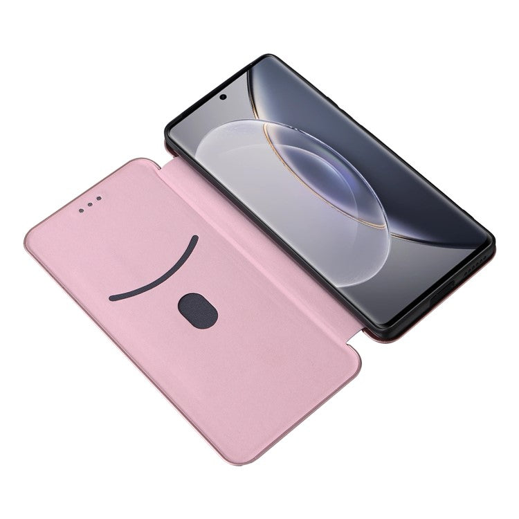 For vivo X90 Pro+ 5G Carbon Fiber Texture PU Leather Phone Stand Case Card Holder Magnetic Auto Closing Protective Cover - Rose Gold